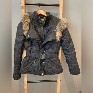 Express Black Puffer Coat with Fur XS